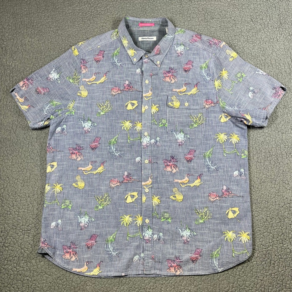 Tommy Bahama Button Down Shirt Mens XL Blue Striped Tropical Palm Bird 6451